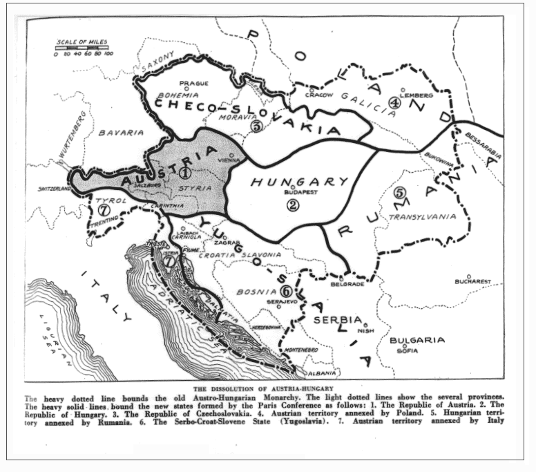 Náčrt rozdelenia Rakúsko-Uhorska v Trianonskej mierovej zmluve / Zdroj: Wikipedia